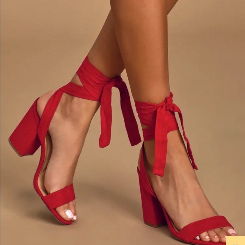 Red Ankle-Tie Block Heel Sandals